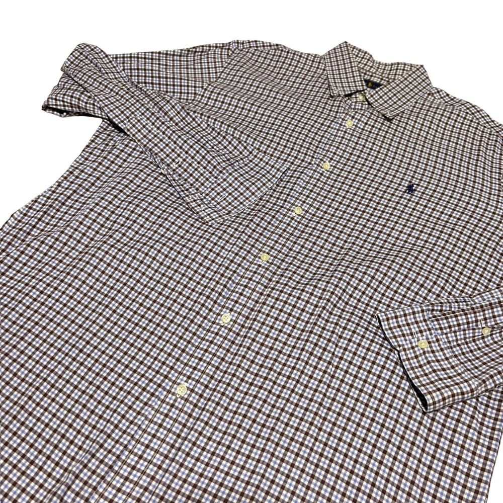 Ralph Lauren Button Down Mens XL Blue Brown Gingham Check Long Sleeve Shirt